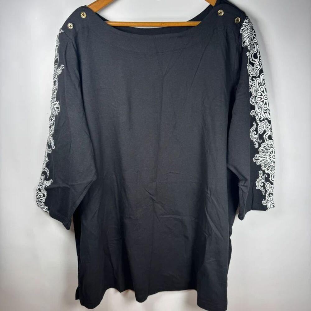Jessica London Boat Neck Button Shoulder Floral Sleeve Top Black Womens 18/20
